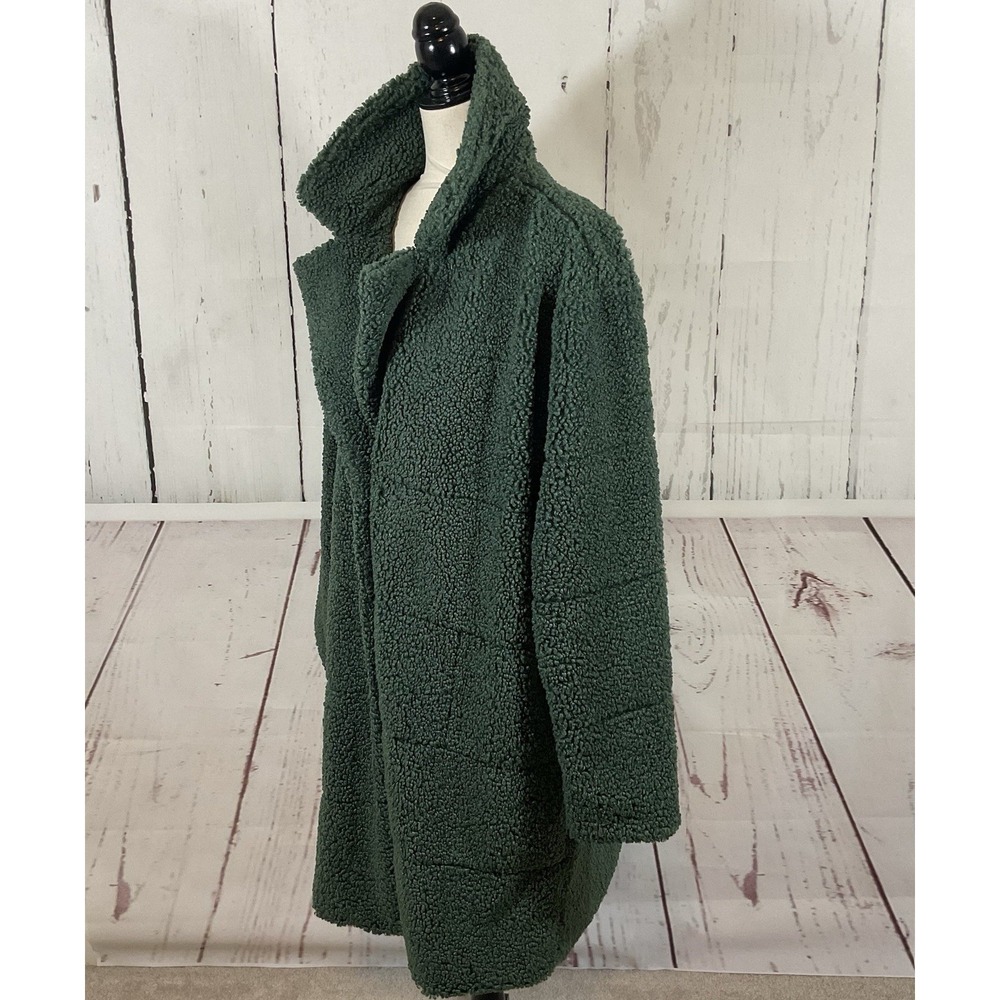 Monrow Teddy Coat Women L Green Faux Fur Sherpa Mid Length Chic Edgy Mob Wife - Picture 10 of 15